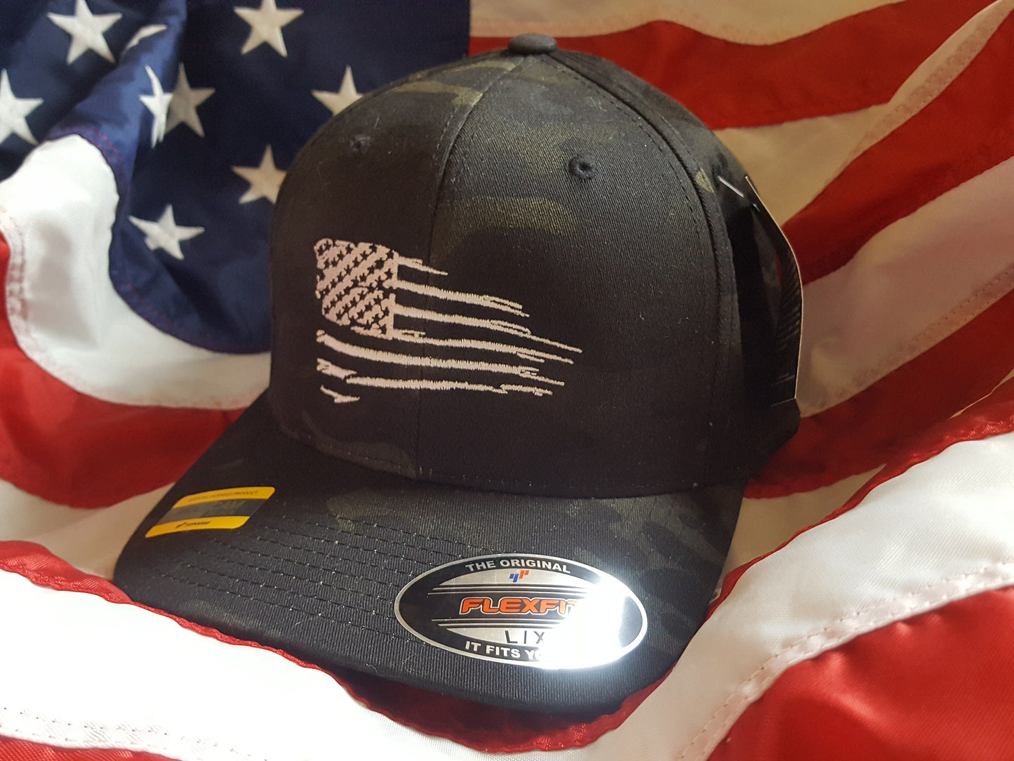 Flexfit Black Multicam Rugged American Flag Hat