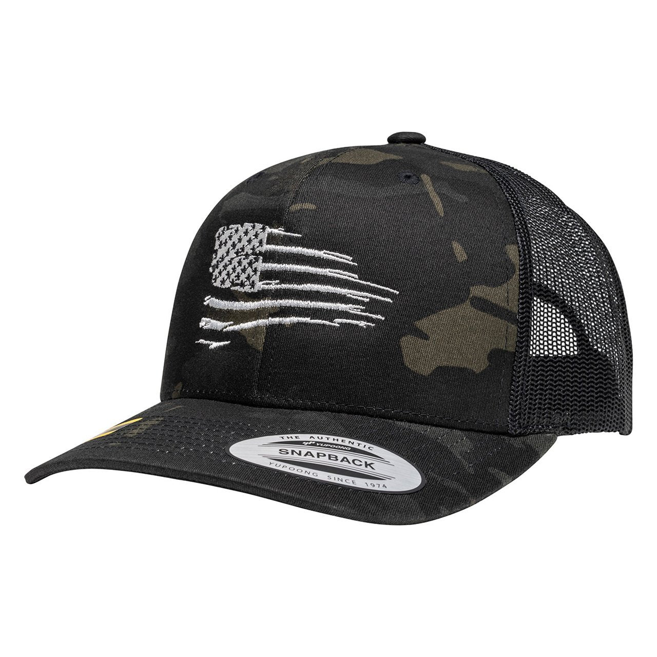Rugged American Flag Black Multicam Snapback Trucker Hat