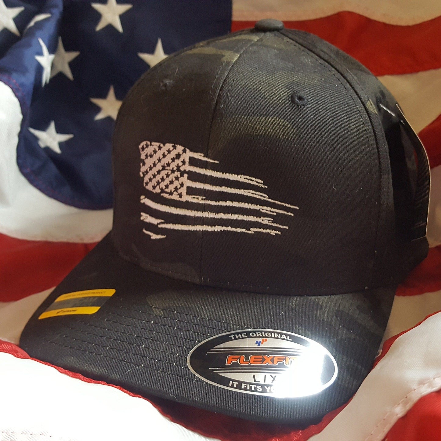 Flexfit Black Multicam Rugged American Flag Hat