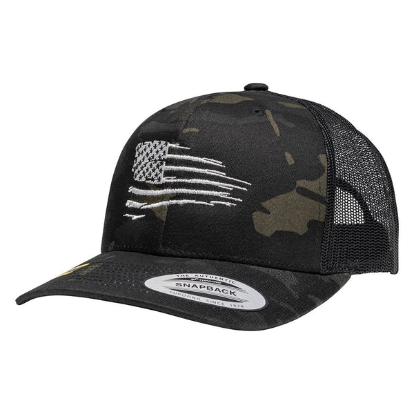 Rugged American Flag Black Multicam Snapback Trucker Hat