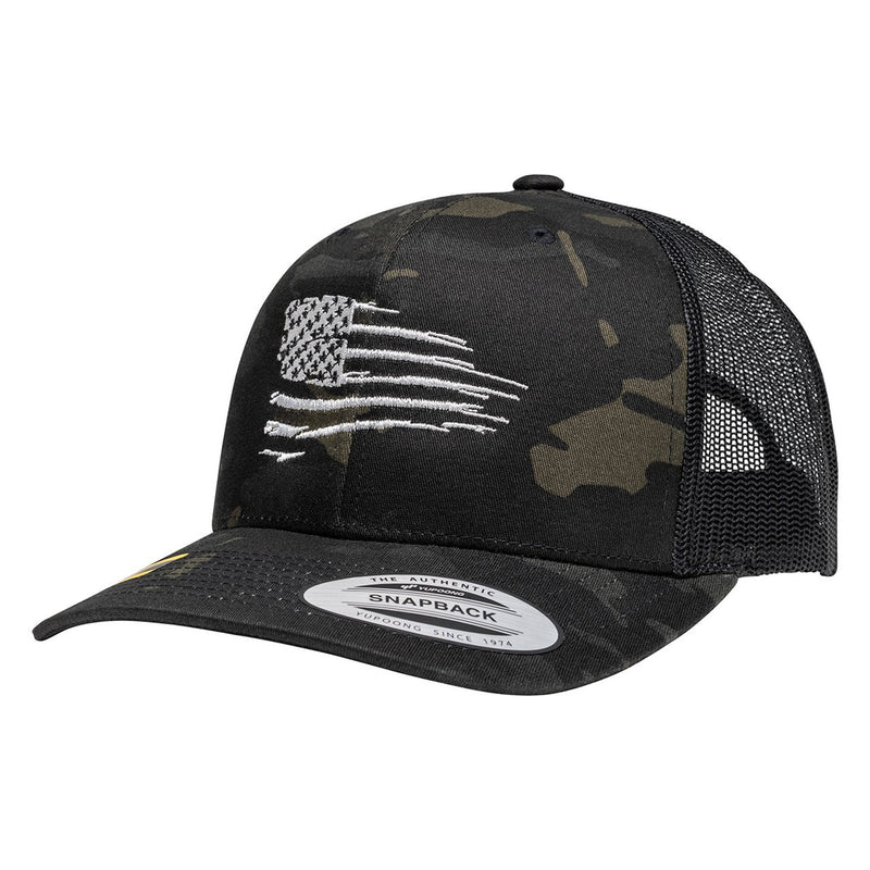 Rugged American Flag Black Multicam Snapback Trucker Hat